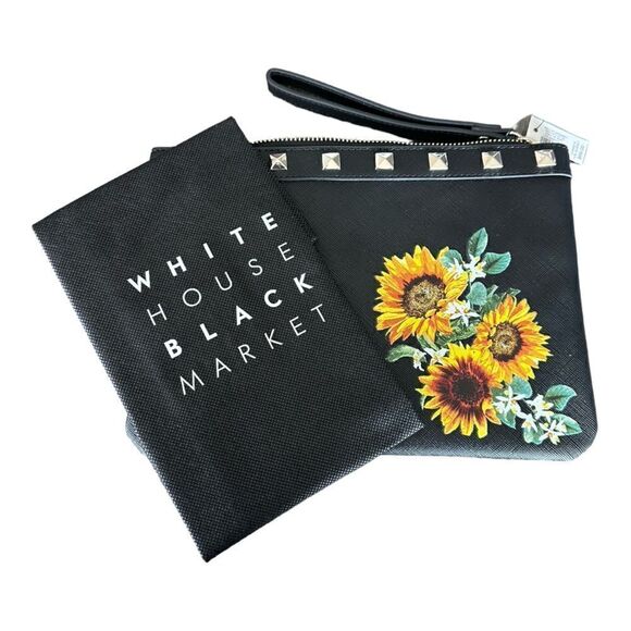 White House Black Market WHBM Sunflower Wristlet Clutch & Dust Bag Black - Picture 1 of 5